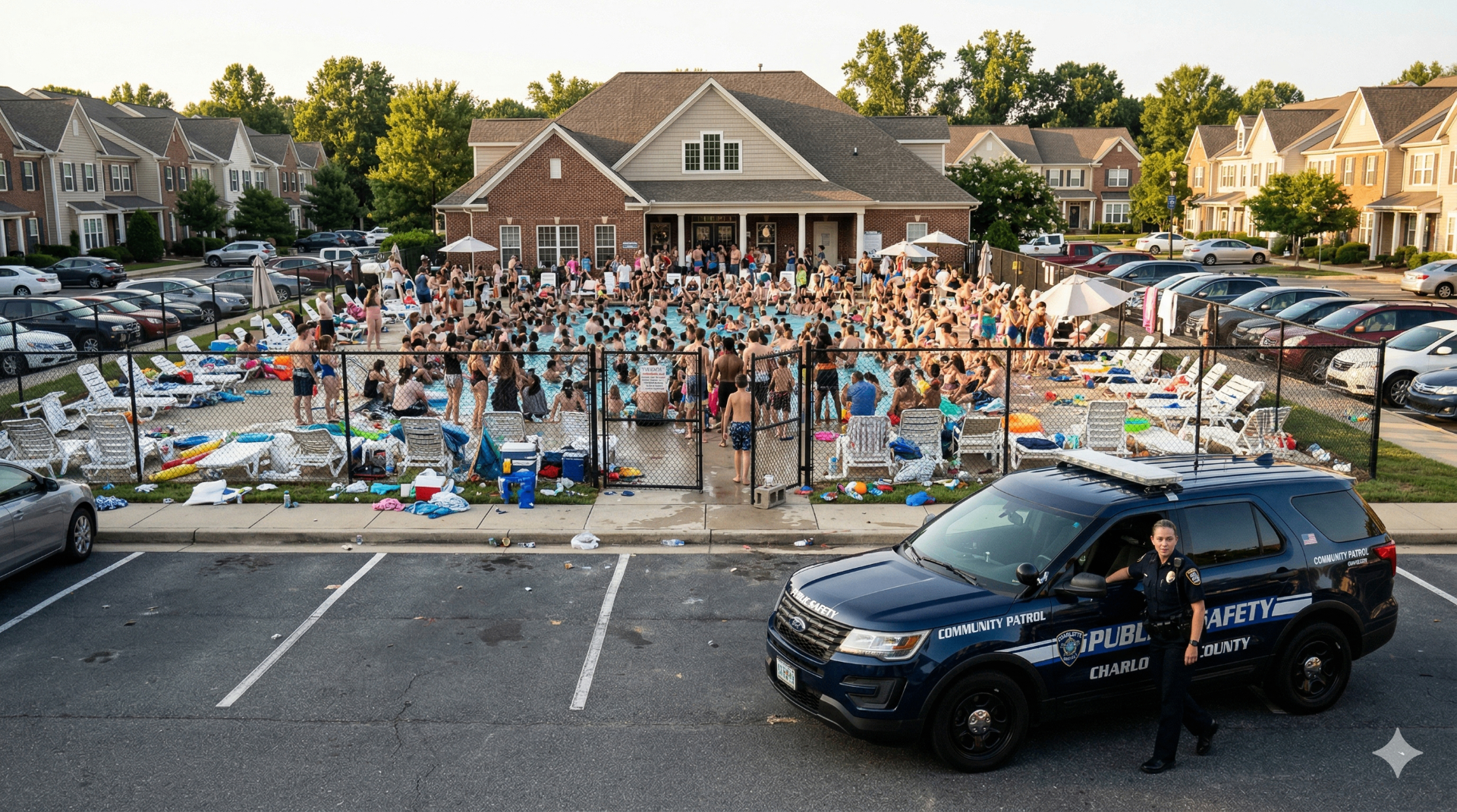 Overcrowded unauthorized pool party at an HOA community with a Paladin Public Safety community patrol vehicle responding