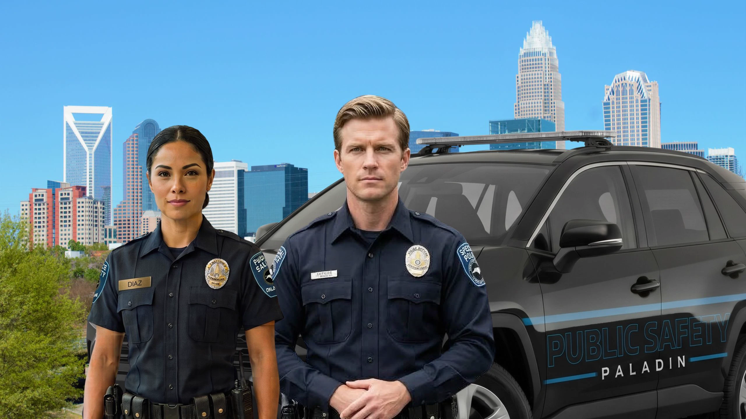Paladin Public Safety officers standing with the Charlotte skyline and the wrapped Paladin patrol vehicle